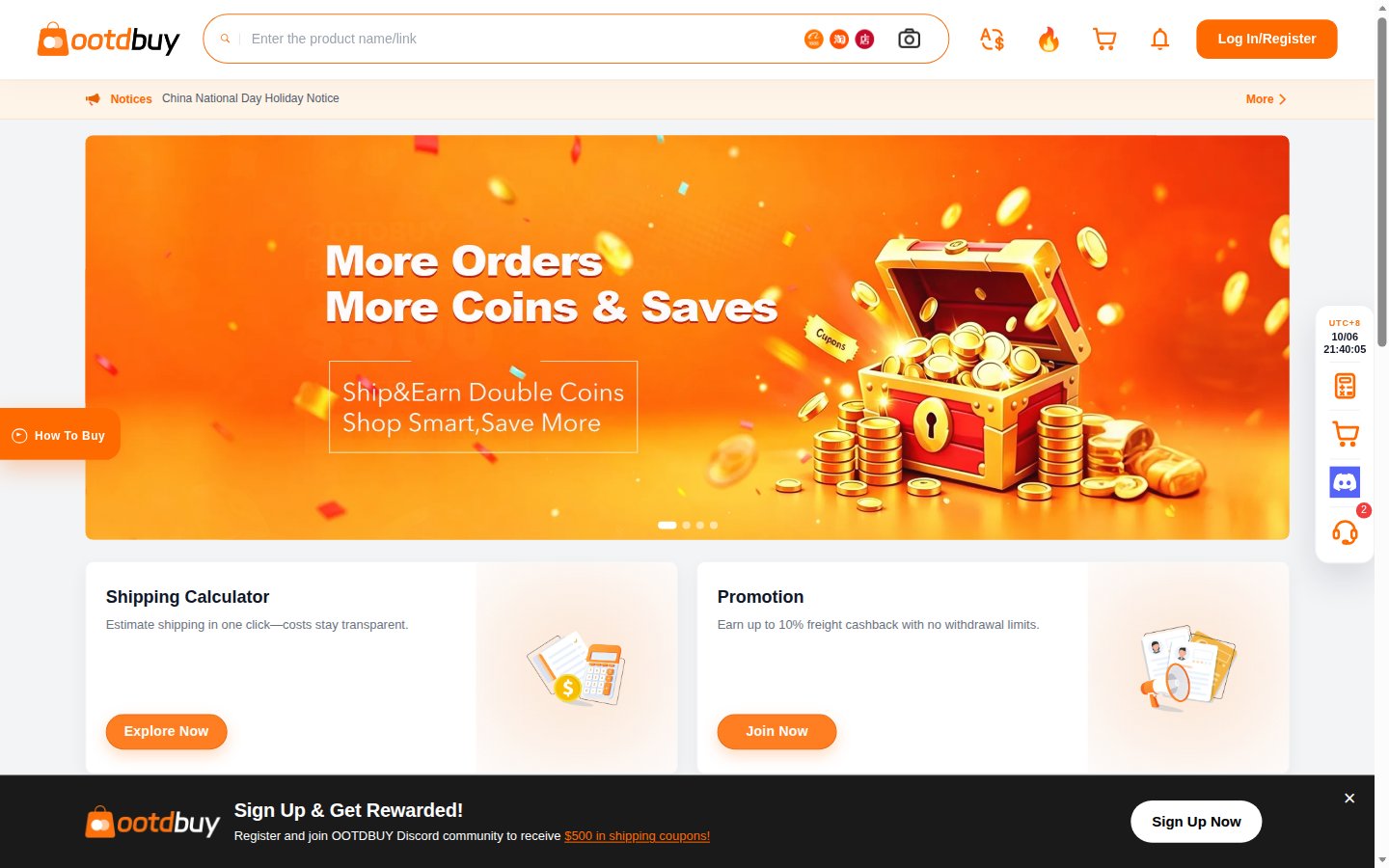 Officiële OOTDBuy-homepage: zoeken, couponbanner en inloggen